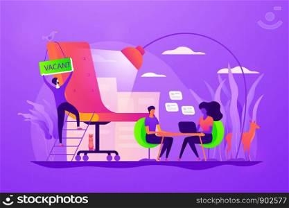 Recruitment agency, human resources service, recruitment network and candidate interview concept. Vector isolated concept illustration with tiny people and floral elements. Hero image for website.. Recruitment agency concept vector illustration.