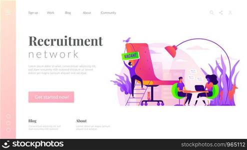 Recruitment agency, human resources service, recruitment network and candidate interview concept. Website homepage interface UI template. Landing web page with infographic concept hero header image.. Recruitment agency landing page template.