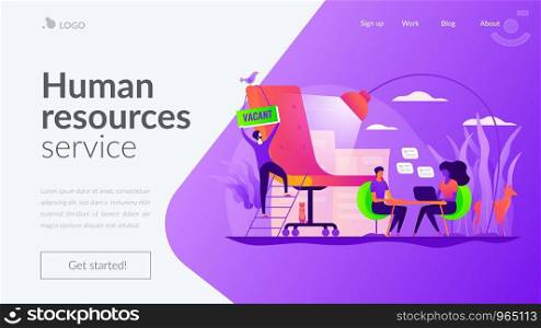 Recruitment agency, human resources service, recruitment network and candidate interview concept. Website homepage interface UI template. Landing web page with infographic concept hero header image.. Recruitment agency landing page template.