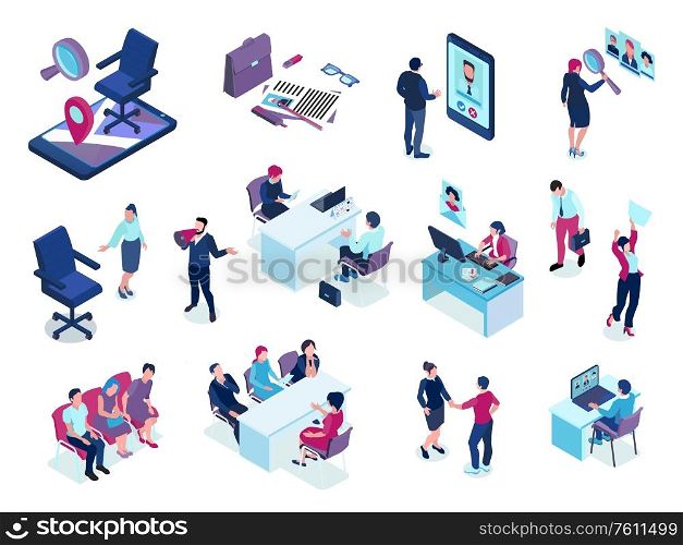 Recruitment agency isometric set with online job vacancies screening applicants choosing candidates interview selection events vector illustration