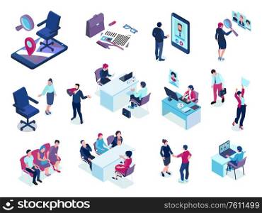 Recruitment agency isometric set with online job vacancies screening applicants choosing candidates interview selection events vector illustration