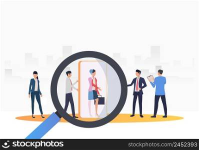 Recruitment agency searching for job candidates. HR, headhunting, hiring concept. Vector illustration can be used for topics like business, recruitment, employment. Recruitment agency searching for job candidates