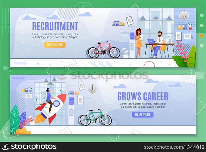 Recruitment and Grows Career Business Banner Set. Human Resources Management, Searching Employees and Interviewing. Professional Growth and Achievements. Vector Flat Office Characters Illustration. Recruitment and Grows Career Business Banner Set