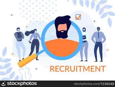 Recruitment Banner with People Search Candidate. Business Team Found Best Resume. Bearded Male Potential Employee Face Reflected in Huge Magnifying Glass. Vector Metaphor Flat Illustration. Recruitment Banner with People Search Candidate