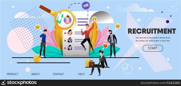 Recruitment. Candidate. Getting Job. Landing Page. List Employees Looking Job. Happy Guy, Specialist Got New Position, Other Candidates Upset. Website, Banner Recruitment Agency. Vector Illustration. Recruitment. Candidate. Getting Job. Landing Page