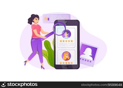 Recruitment concept in flat style with people scene. Woman with magnifier selects resumes of best specialists for vacancy. Headhunter looking for employees online. Vector illustration for web design