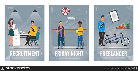 Recruitment, Friday Night, Freelancer Poster Set. HR Agent Interviewing Female Job Seeker. Afro-American and Caucasian Men Rest at Bar. Happy Remote Worker and Tandem Bike. Vector Flat Illustration. Recruitment, Friday Night, Freelancer Poster Set