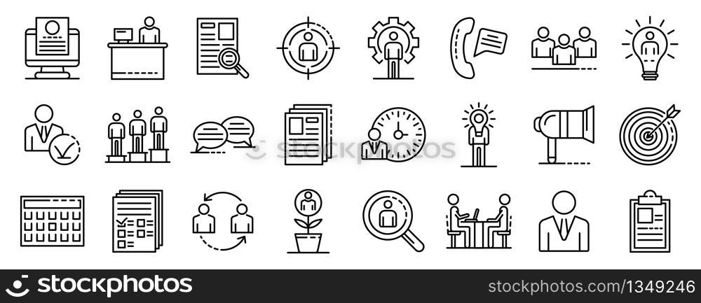 Recruitment icons set. Outline set of recruitment vector icons for web design isolated on white background. Recruitment icons set, outline style