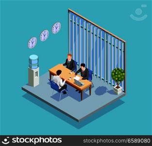 Recruitment isometric people composition with office room interior applicant and two human resource managers at table vector illustration. Office Employment Interview Composition