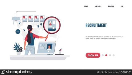 Recruitment landing page. Employee searching and hiring concept. HR manager examines resume of candidates for vacant position. Workers recruiting. Website interface design. Vector web UI mockup. Recruitment landing page. Employee searching and hiring. HR manager examines resume of candidates for vacant position. Workers recruiting. Website interface design. Vector UI mockup