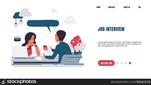 Recruitment landing page. Job interview. HR manager talking with candidates for vacant position. Web service for employment and hiring workers. Website design with buttons, vector interface template. Recruitment landing page. Job interview. HR manager talking with candidates for vacant position. Web service for employment and hiring workers. Website UI with buttons, vector interface