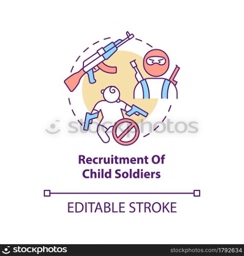 Recruitment of child soldiers concept icon. Kids use for armed conflicts abstract idea thin line illustration. Children with weapon. Vector isolated outline color drawing. Editable stroke. Recruitment of child soldiers concept icon