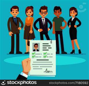 Recruitment. Recruiter choosing candidates with cv resume. Human resource and job interview vector concept. Illustration of human candidate, hiring resource. Recruitment. Recruiter choosing candidates with cv resume. Human resource and job interview vector concept