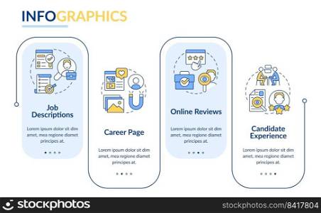 Recruitment rectangle infographic template. HR search and selection. Data visualization with 4 steps. Editable timeline info chart. Workflow layout with line icons. Myriad Pro-Bold, Regular fonts used. Recruitment rectangle infographic template