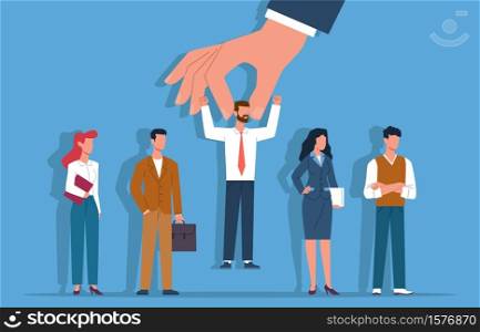 Recruitment. Selected candidate from group business people, employers hand choose person, choosing future career, hiring workers human resources, choice process and competition vector flat concept. Recruitment. Selected candidate from group business people, employers hand choose person, choosing future career, hiring workers human resources, choice process vector flat concept