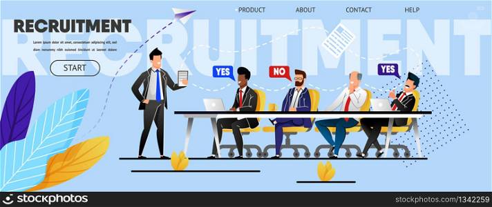 Recruitment. Staff Meeting. Landing Page Template. Flat Employees, Management Company, Men Business Suits Choose Candidate New Position, Job. Website, Web Banner, Vector Illustration. Recruitment. Staff Meeting. Landing Page Template