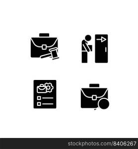 Recruitment stages black glyph icons set on white space. Job searching and description. Labour rights protection. Fired worker. Silhouette symbols. Solid pictogram pack. Vector isolated illustration. Recruitment stages black glyph icons set on white space