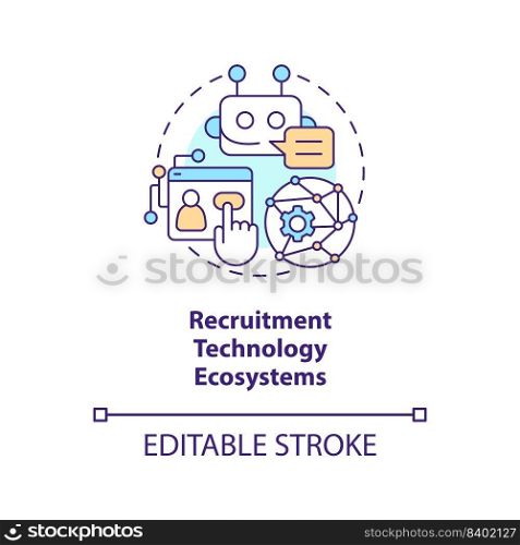Recruitment technology ecosystems concept icon. Automated system. Recruitment trend abstract idea thin line illustration. Isolated outline drawing. Editable stroke. Arial, Myriad Pro-Bold fonts used. Recruitment technology ecosystems concept icon