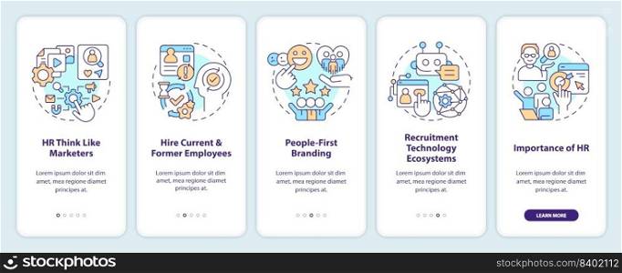 Recruitment trends onboarding mobile app screen. Human resources walkthrough 5 steps editable graphic instructions with linear concepts. UI, UX, GUI template. Myriad Pro-Bold, Regular fonts used. Recruitment trends onboarding mobile app screen