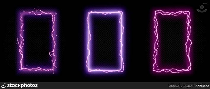 Rectangle frames with purple lightnings, electric energy strikes on border. Neon glowing banner frames with thunderbolt discharge isolated on transparent background, vector realistic set. Rectangle frames with purple lightnings