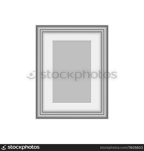 Rectangle grey frame isolated picture photo border. Vector museum gallery decoration. Blank border isolated wooden rectangular frame