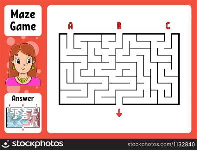 Rectangle maze. Game for kids. Three entrances, one exit. Puzzle for children. Labyrinth conundrum. Color vector illustration. Find the right path. With answer. Cartoon character. Education worksheet.