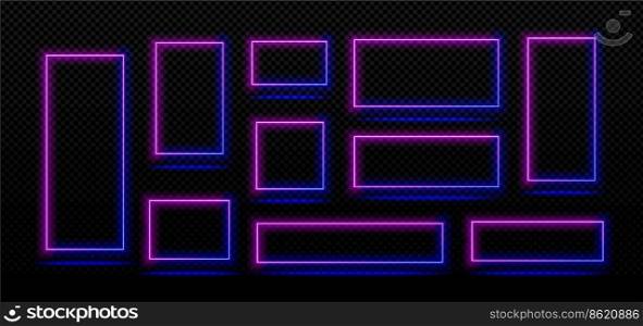 Rectangle neon light frames, empty blue and pink banners isolated on transparent background. Collage of night club or casino electric signboards with glowing borders, vector realistic set. Rectangle neon light frames, blue and pink borders