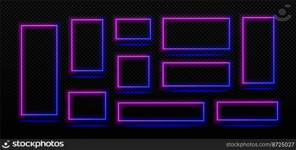 Rectangle neon light frames, empty blue and pink banners isolated on transparent background. Collage of night club or casino electric signboards with glowing borders, vector realistic set. Rectangle neon light frames, blue and pink borders