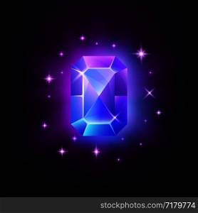 Rectangular blue shining gemstone with magical glow and stars on dark background vector illustration. Rectangular blue shining gemstone with magical glow and stars on dark background vector illustration.