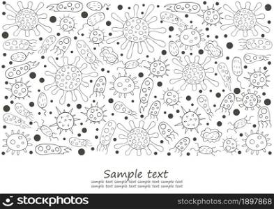 Rectangular Coloring banner. Set of cartoon microbes in hand draw style. Coronavirus, viruses, bacteria, microorganisms. Monochrome medical illustrations. Coloring pages, black and white