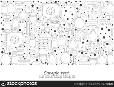 Rectangular Coloring banner. Set of doctor&rsquo;s tools in hand draw style. Ambulance doctor tools, medical case, medications, stethoscope, masks. Monochrome medical illustrations. Coloring pages, black and white