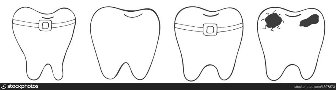 Rectangular Coloring banner. Set of teeth in hand draw style. Teeth collection with braces, caries, cracks and healthy teeth. Monochrome medical illustrations. Coloring pages, black and white