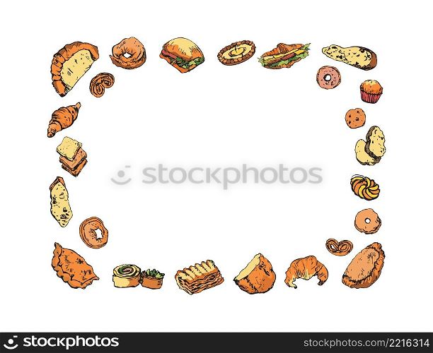 Rectangular doodle frame made of bakery items, bread, pastry, snacks. Vintage patisserie. Copy space. Editable template, isolated hand drawn coloured cliparts for prints. Rectangular frame made of bread and bakery items, coloured sketch. Hand drawn editable design