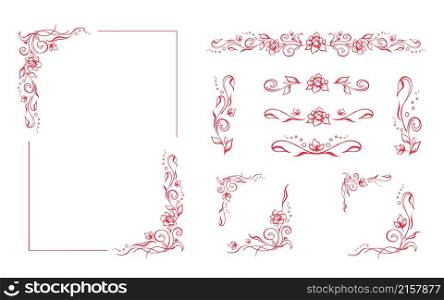 Rectangular floral frame, romantic rose border template with flourishes. Elegant hand-drawn decorative elements, foliage and blossom. Set of editable vector vignettes on white background for prints. Elegant floral frame with roses and flourishes. Collection of vintage hand drawn romantic rose vignettes, borders, dividers, and corners