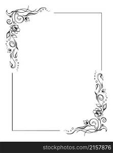 Rectangular floral frame, rose border template with flourishes in two corners. Elegant hand-drawn decorative elements, foliage and blossom. Editable vector design on white background for prints. Rectangular floral frame, rose border template with flourishes in two corners. Hand-drawn vintage garland elements. Editable vector design on white background for prints