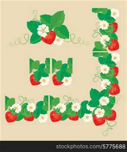Rectangular frame ornament with Strawberries in heart shapes with flowers and leaves isolated on gray background. Pattern endless fragments and vignette.
