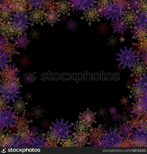 Rectangular frame with colorful small snowflakes layered around