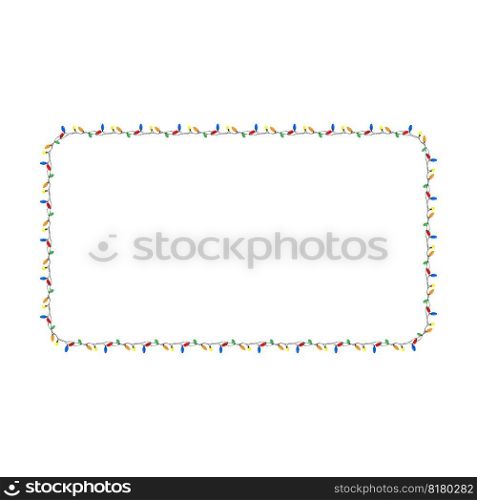 Rectangular frame with multi colored Christmas lights for garlands. Decorating Christmas cards with lights and garlands. Cartoon vector isolated on white background