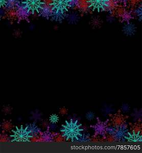 Rectangular frame with small colorful snowflakes layered around