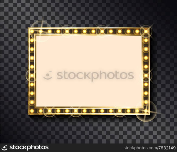 Rectangular glittering frame with neon light bulbs isolated on transparent background. Vector right-angled sparkling border, empty banner with place for text. Round Glittering Frame with Neon Light Bulb Vector