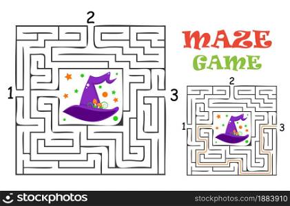 Rectangular halloween maze labyrinth game for kids. Labyrinth logic conundrum. Three entrance and one right way to go. Vector flat illustration isolated on white background.. Rectangular halloween maze labyrinth game for kids. Labyrinth logic conundrum. Three entrance and one right way to go. Vector flat illustration