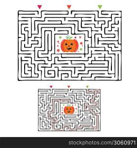 Rectangular halloween maze labyrinth game for kids. Labyrinth logic conundrum. Three entrance and one right way to go. Vector flat illustration isolated on white background.. Rectangular halloween maze labyrinth game for kids. Labyrinth logic conundrum. Three entrance and one right way to go. Vector flat illustration