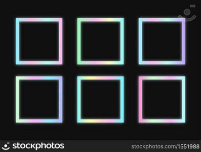 Rectangular holographic frames set in psychedelic vaporwave style. Futuristic geometric figures on dark background. Retro 80s-90s neon colors.. Rectangular holographic frames set in psychedelic vaporwave style.