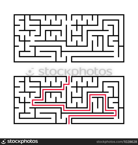 Rectangular labyrinth with a black stroke. A game for children. Simple flat vector illustration isolated on white background. With the answer. Rectangular labyrinth with a black stroke. A game for children. Simple flat vector illustration isolated on white background. With the answer.