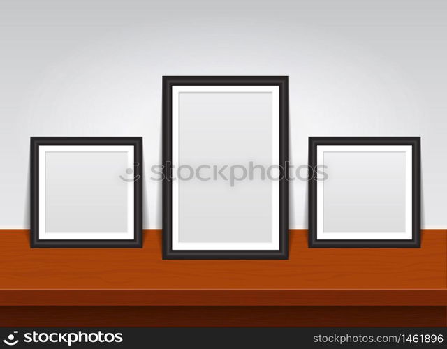 Rectangular photo frame on wooden shelf or table. 3d mockup of picture frame gallery for home interior. Empty picture album layout. Set realistic mockup picture. vector isolated illustration. Rectangular photo frame on wooden shelf or table. 3d mockup of picture frame gallery for home interior. Empty picture album layout. Set realistic mockup picture. vector isolated