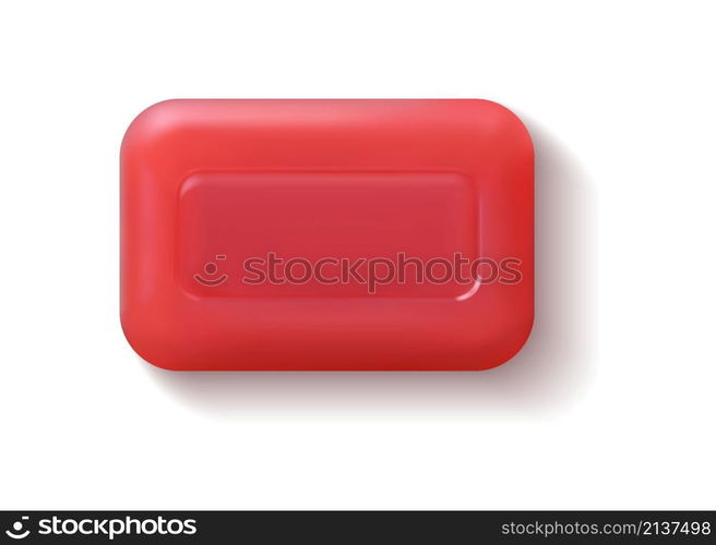 Rectangular red soap bar. Realistic hand washing detergent. 3D hygienic cleaning product. Isolated square beauty bath soapy cleanser. Cosmetic body skin care toiletry. Vector top view of spa cleaner. Rectangular red soap bar. Realistic hand washing detergent. 3D hygienic cleaning product. Square beauty bath soapy cleanser. Cosmetic skin care toiletry. Vector top view of spa cleaner