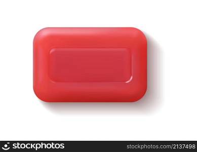 Rectangular red soap bar. Realistic hand washing detergent. 3D hygienic cleaning product. Isolated square beauty bath soapy cleanser. Cosmetic body skin care toiletry. Vector top view of spa cleaner. Rectangular red soap bar. Realistic hand washing detergent. 3D hygienic cleaning product. Square beauty bath soapy cleanser. Cosmetic skin care toiletry. Vector top view of spa cleaner