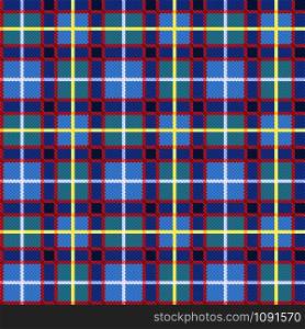 Rectangular seamless vector contrast pattern as a tartan plaid mainly in blue and turquoise, red, yellow colors