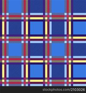 Rectangular seamless vector pattern as a tartan plaid mainly in blue, violet, red and yellow hues with diagonal lines, texture for flannel shirt, plaid, tablecloths, blankets and other textile