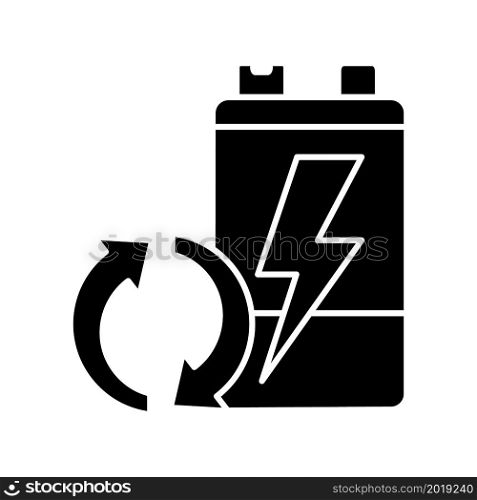 Recyclable battery black glyph icon. Reuse old accumulators. Valuable materials recovery. Resource waste prevention. Circular economy. Silhouette symbol on white space. Vector isolated illustration. Recyclable battery black glyph icon